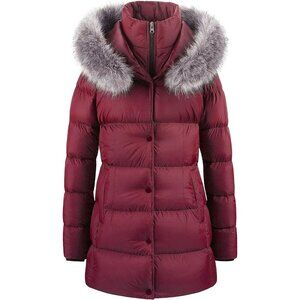 Women's Burgundy Winter Snow Removable Puffer Jacket Coat Faux Fur Fabric Trim